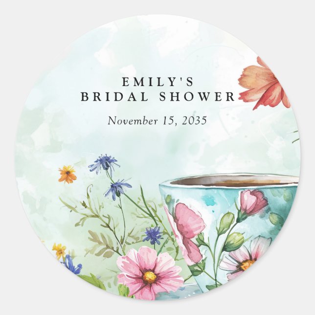 Floral Tea Party Bridal Shower Classic Round Sticker (Front)