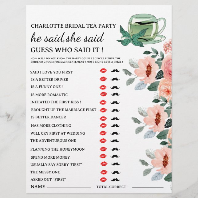 Floral Tea Party Bridal Shower Game  Flyer (Front)