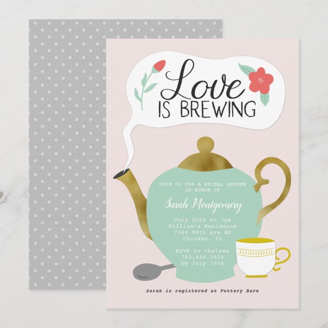 Floral Tea Party Bridal Shower Love Is Brewing Invitation (Front/Back)