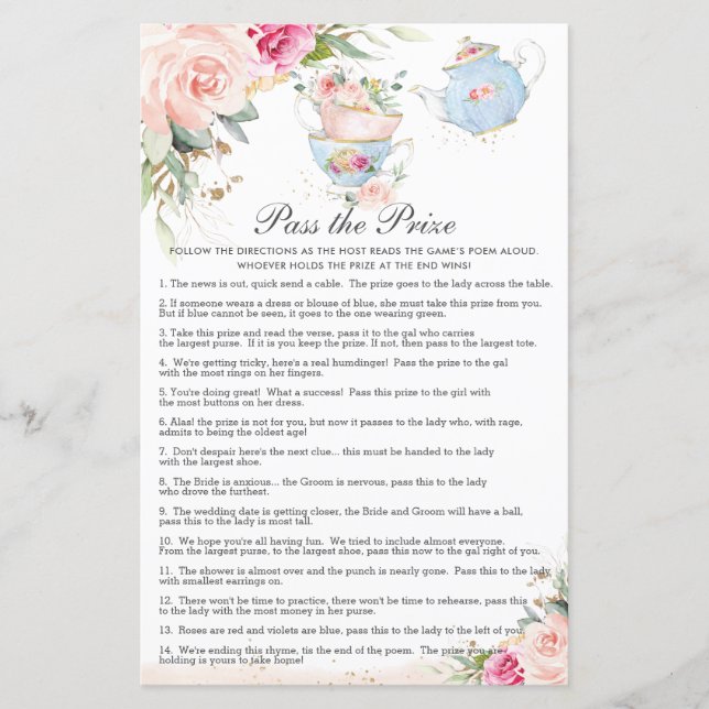 Floral Tea Party Bridal Shower Pass the Prize Game (Front)