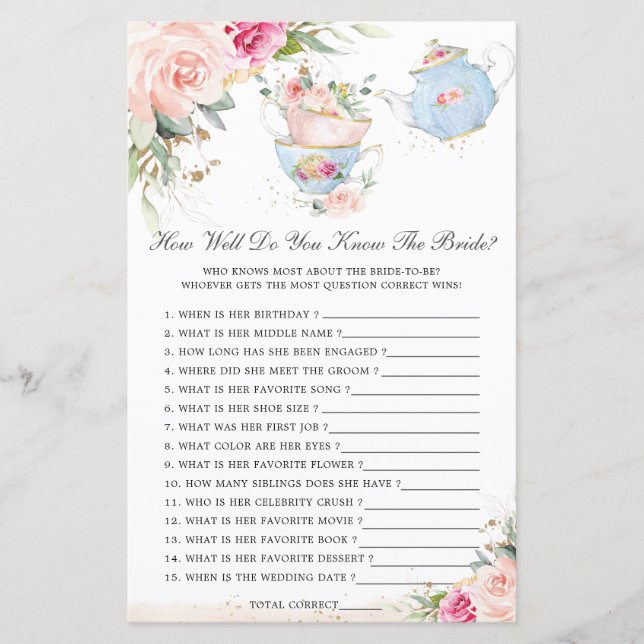 Floral Tea Party How Well You Know the Bride Game (Front)