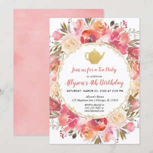 Floral tea party invitation Coral blush pink green
