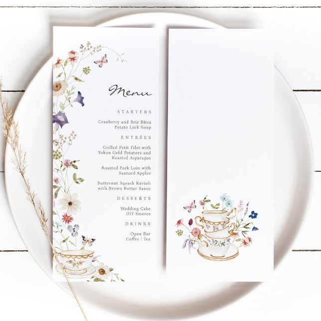 Floral Tea Party Menu (Wildflower Watercolor Floral with Butterflies Tea Party Menu by Painted Paperie
)