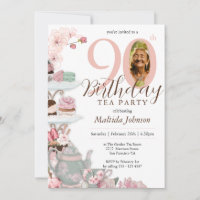 Floral Tea Party Pink Custom Photo 90th Birthday