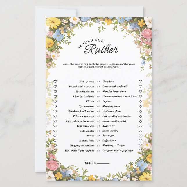 Floral Tea Party Would She Rather Bridal Game (Front)