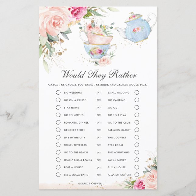 Floral Tea Party Would They Rather Bridal Game (Front)