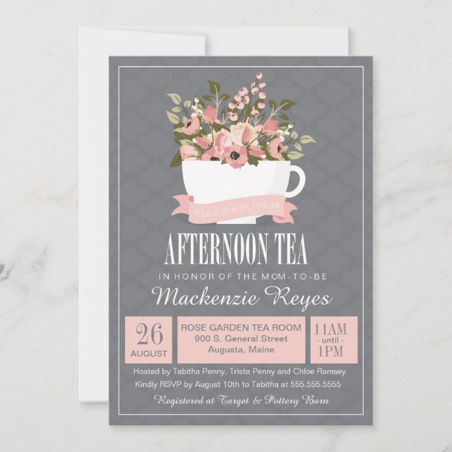 Floral Teacup Afternoon Tea Baby or Bridal Shower Invitation (Front)