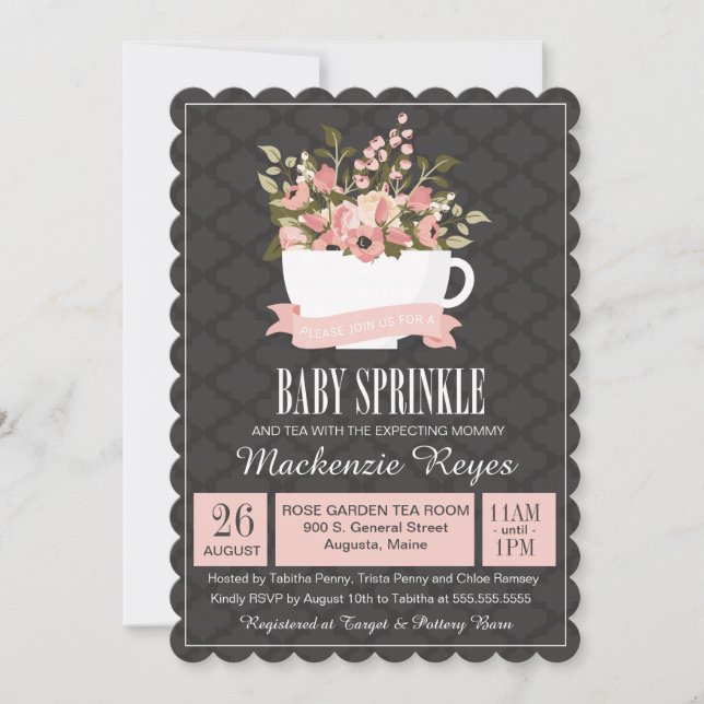 Floral Teacup Baby Sprinkle, Tea Party Invitation (Front)