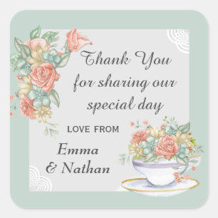 Floral Teacup Elegant Custom Thank You Message Square Sticker