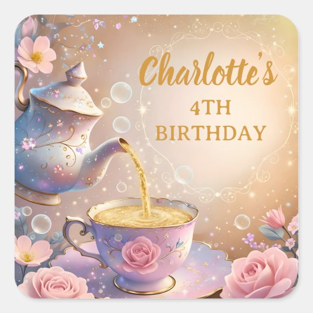 Floral Teacup & Teapot - Pastel Elegant Tea Party Square Sticker (Front)