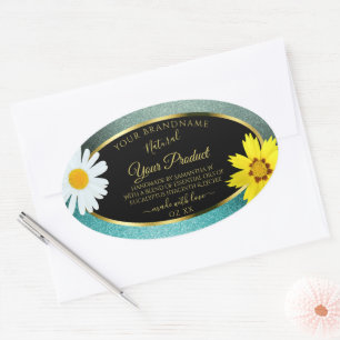 Floral Teal and Blue Glitter Black Product Labels