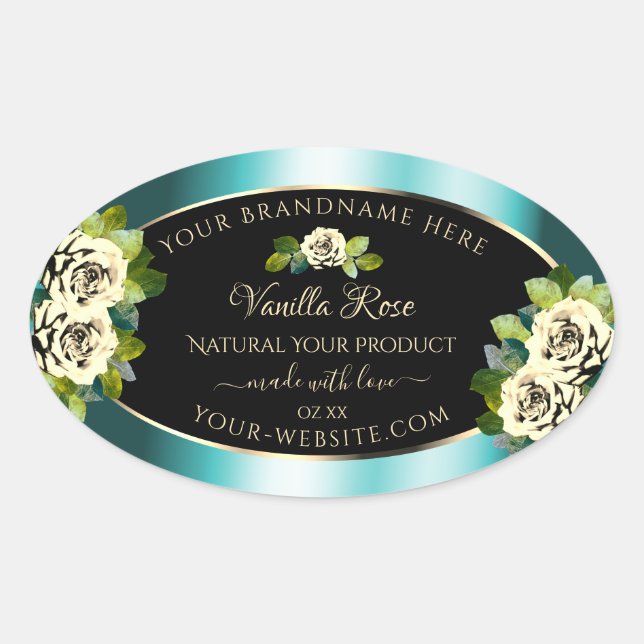 Floral Teal Black Gold Product Labels Leafy Roses (Front)