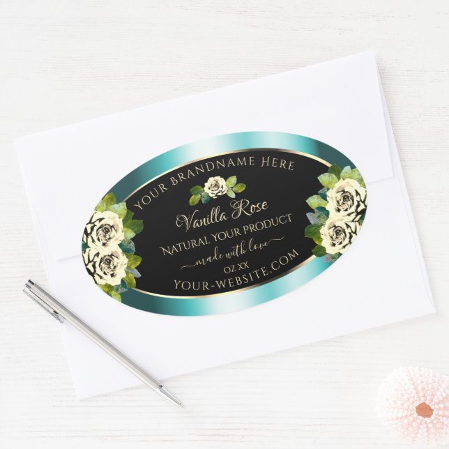 Floral Teal Black Gold Product Labels Leafy Roses (Envelope)