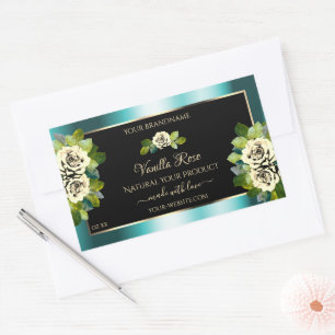 Floral Teal Black Gold Product Labels Leafy Roses