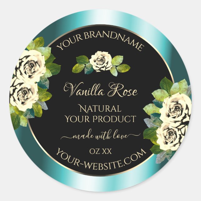 Floral Teal Black Gold Product Labels Leafy Roses (Front)