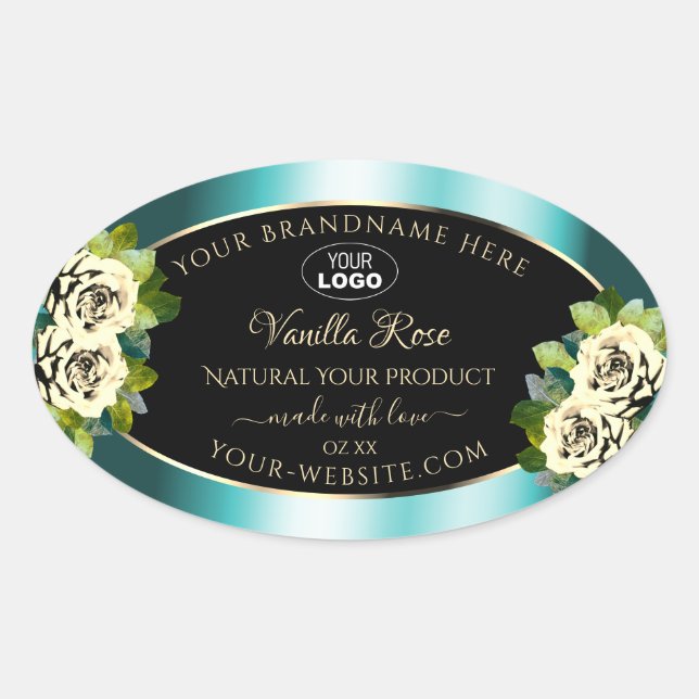 Floral Teal Black Gold Product Labels Roses Logo (Front)
