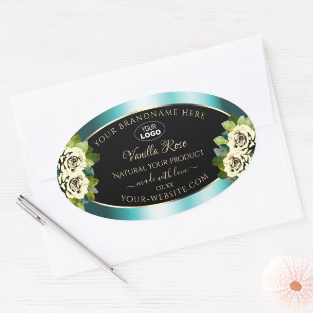 Floral Teal Black Gold Product Labels Roses Logo (Envelope)