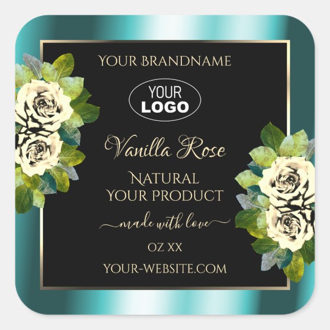 Floral Teal Black Gold Product Labels Roses Logo (Front)