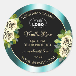 Floral Teal Black Gold Product Labels Roses Logo