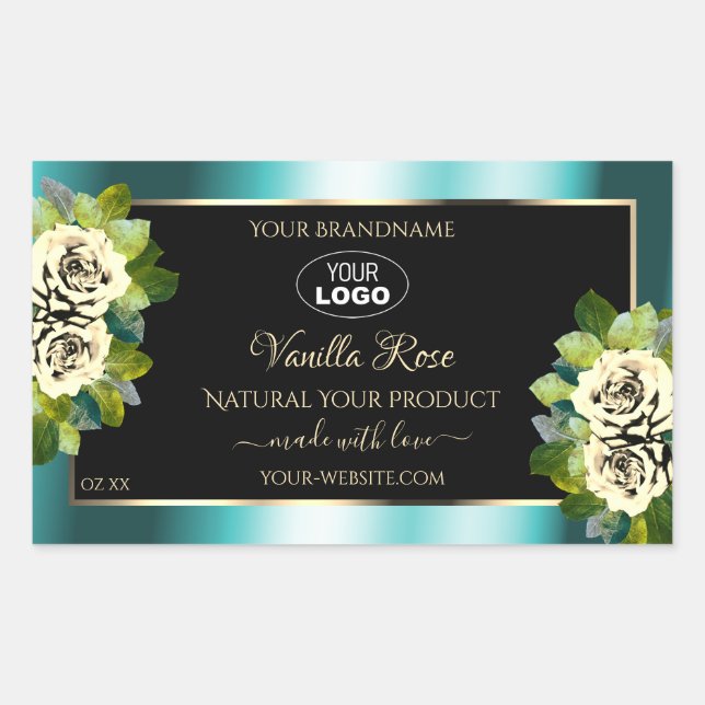 Floral Teal Black Gold Product Labels Roses Logo (Front)