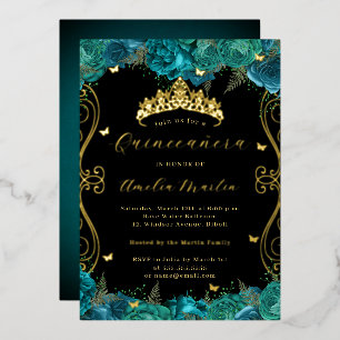 Floral Teal Black Gold Scroll Quinceanera