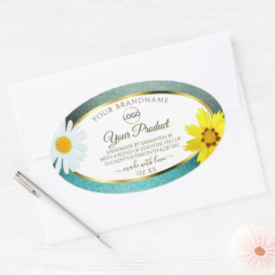 Floral Teal Blue Glitter White Product Labels Logo