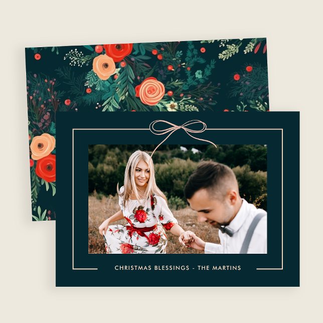 Floral Teal Blush Bow Framed Photo Christmas  Holiday Card (Creator Uploaded)