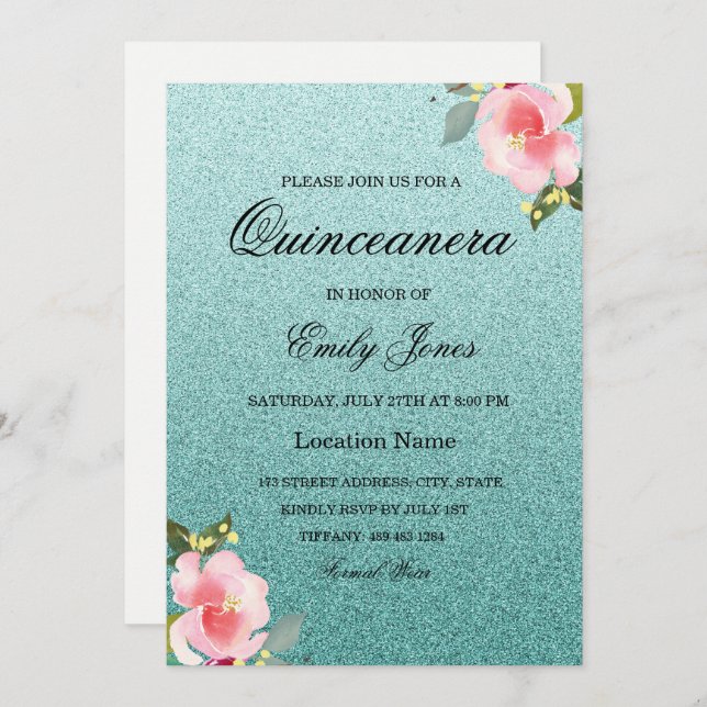 Floral Teal faux glitter Quinceanera Invitation (Front/Back)