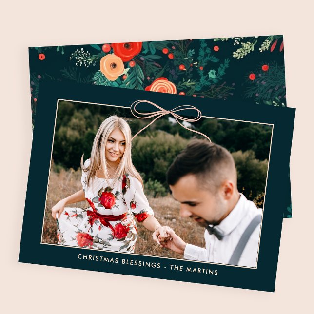 Floral Teal Festive Blush Bow Photo Christmas  Holiday Card (Creator Uploaded)