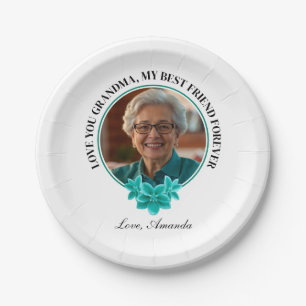 Floral Teal Frame Grandkid to Grandma Photo Paper Plate