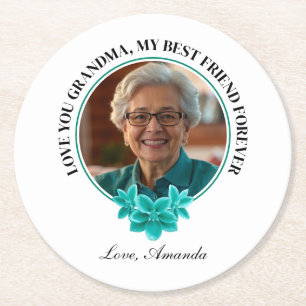 Floral Teal Frame Grandkid to Grandma Photo Round Paper Coaster