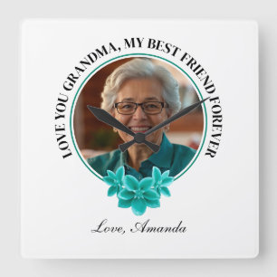 Floral Teal Frame Grandkid to Grandma Photo Square Wall Clock