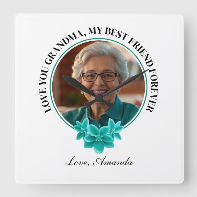 Floral Teal Frame Grandkid to Grandma Photo Square Wall Clock (Front)