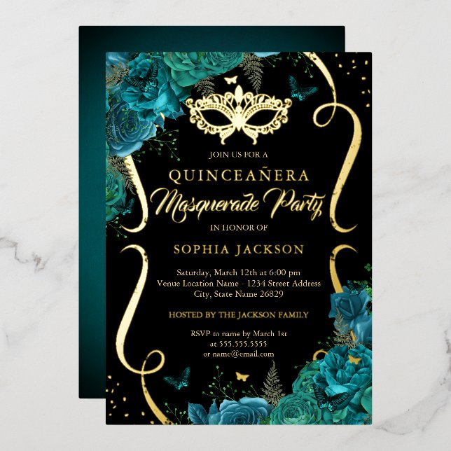 Floral Teal Gold Scroll Masquerade Quinceanera (Front/Back)