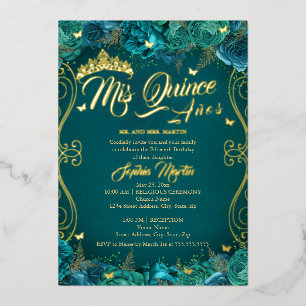 Floral Teal Gold Scroll Mis Quince Quinceanera