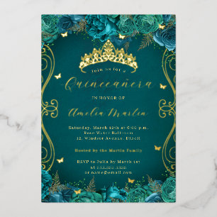 Floral Teal Gold Scroll Quinceanera 