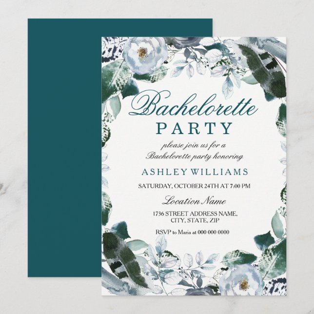 Floral Teal Green Bachelorette Party Invite (Front/Back)
