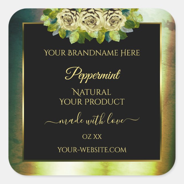 Floral Teal Green Marble Black Product Label Roses (Front)