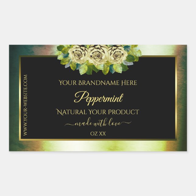 Floral Teal Green Marble Black Product Label Roses (Front)