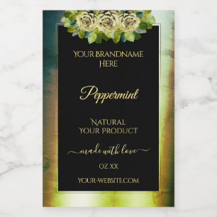 Floral Teal Green Marble Black Product Label Roses