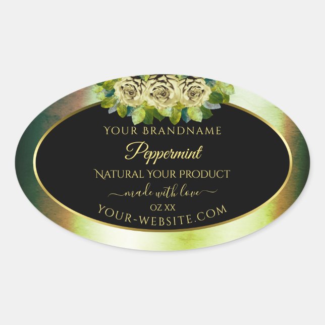 Floral Teal Green Marble Black Product Label Roses (Front)