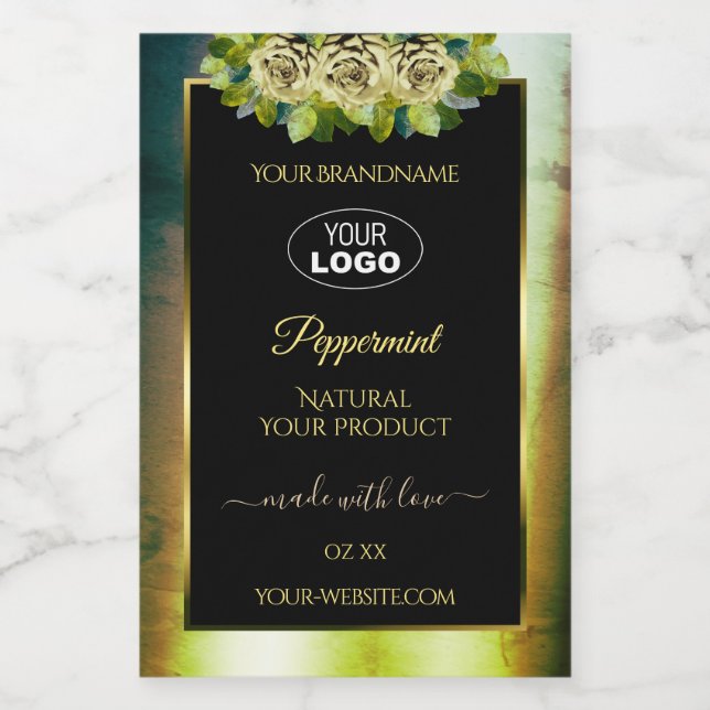 Floral Teal Green Marble Black Product Labels Logo (Single Label)