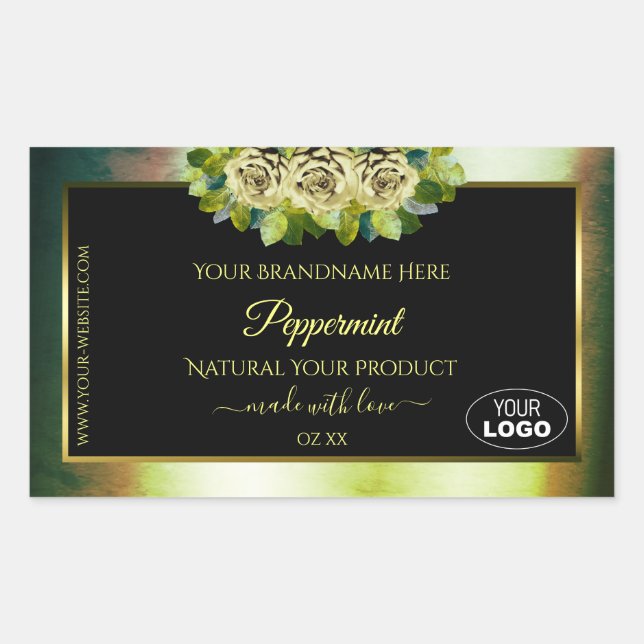 Floral Teal Green Marble Black Product Labels Logo (Front)