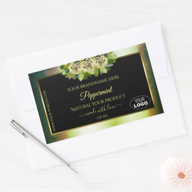 Floral Teal Green Marble Black Product Labels Logo (Envelope)