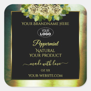 Floral Teal Green Marble Black Product Labels Logo