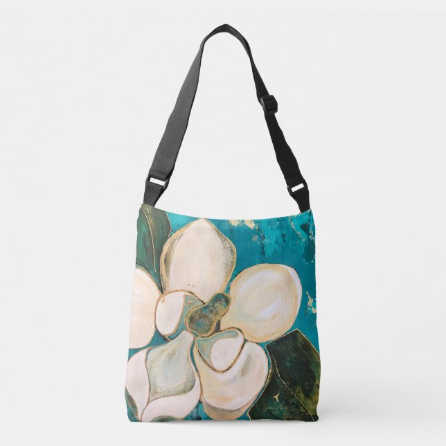 Floral Teal Magnolia Cross-body Tote (Front)