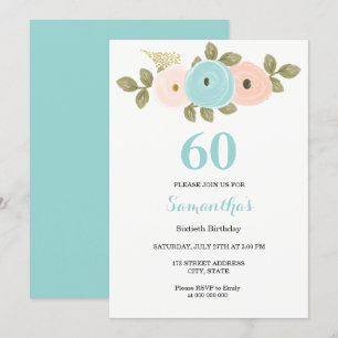 Floral Teal & Peach 60th Birthday Party Invitation