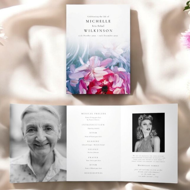 Floral Teal Pink Abstract Memorial Program Tri-Fold Programme (Creator Uploaded)