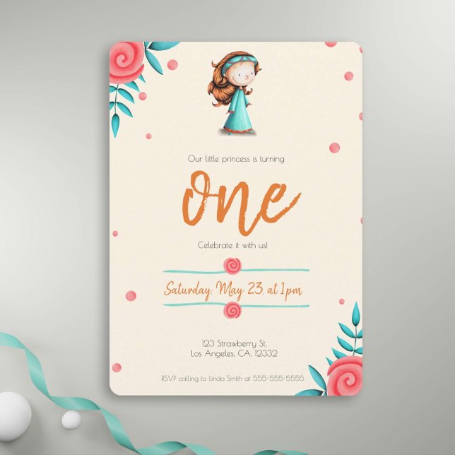 Floral Teal Pink Red Hair Girl First Birthday Invitation (Creator Uploaded)