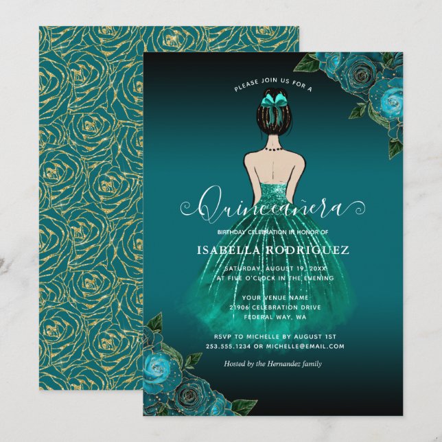 Floral Teal Princess Gold Birthday Quinceañera Invitation (Front/Back)